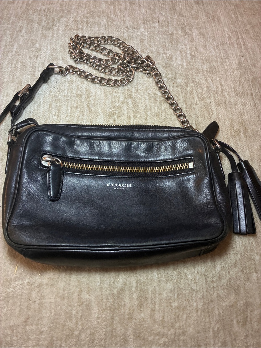 Coachโ Black Leather Crossbody with Chain Strap and Tassel